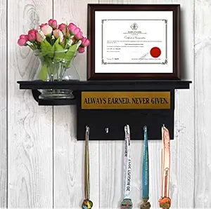 TIED RIBBONS Wooden Decorative Medal and Trophy Display Holder Rack with Flower and Vase for Sports Cricket Cyclists Academics