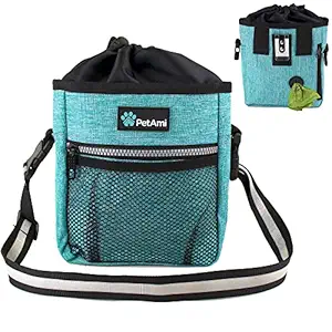 PetAmi Deluxe Dog Training Pouch with Shoulder/Waist Strap and Built-in Poop Bag Dispenser | Dog Treat Training Bag for Treats, Kibbles, Pet Toys | Collapsible Food/Water Bowl Included (Turquoise)