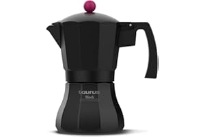 Taurus Black Moments 6 - Cafetera italiana, 6 tazas, base y filtro de acero inoxidable, válvula de seguridad, cierre de silicona para mayor seguridad, para todos los fuegos, tapa transparente, negro