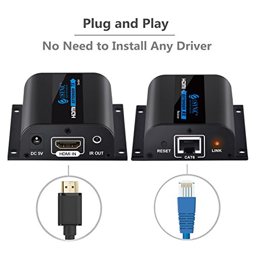 60m HDMI Extender HDMI Repeater mit 3D-Steuerung IR Infrarot Übertragung 1080P Full HD über Einziges RJ45 CAT 6A CAT7 Ethernet Kabel für Sky Box HD Freebox PC Blu Ray DVD Projektor PS4 – HDMI Extender Sender und HDMI Extender Receiver - 3