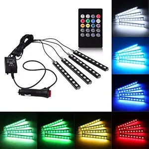 KARDECK 4X 9 LED RGB Car Interior Decorative Light Floor Atmosphere Strip Light Car Under Dash Interior LED Lighting Kit with Sounds Activated Wireless IR Remote Control (6W, Multicolor)