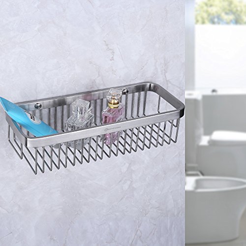 HOMEIDEA Extrem Fest & rostfrei rechteckig Badewanne und Dusche Regal Korb, Wand montiert Badezimmer Bad Caddy/Aufbewahrung mit 5 Handtuchhalter Haken Kleiderbügel, gebürstet, SUS304 Edelstahl, Edelstahl, Silber, A-Rectangular - 3