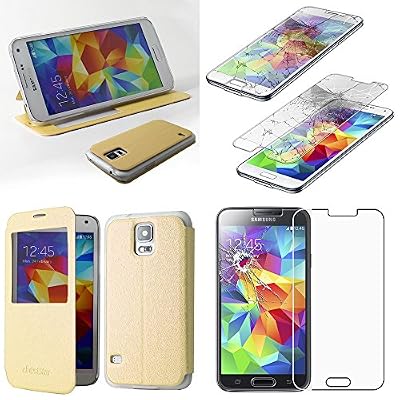 ebestStar - Compatible Coque Samsung S5 G900F, Galaxy S5 New G903F Neo Etui Housse Portefeuille Livre avec Fenêtre Flip View Cover, Or/Doré +Film écran en Verre Trempé [Appareil: 142x72.5x8.1mm 5.1"]