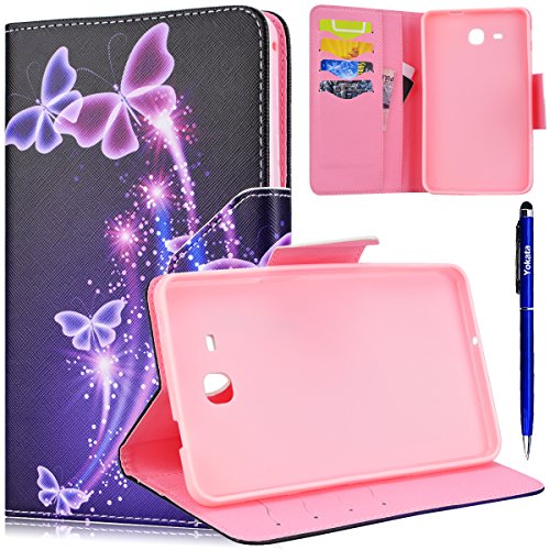 Samsung Galaxy Tab A 7.0 SM-T280 Hülle, Yokata Flip PU Lederhülle mit Karten Slot Magnetverschluß Handyhülle Standfunction Case Tasche Schutzhülle Etui Brieftasche Cover (Lila Schmetterling) + 1x Kapazitive Feder
