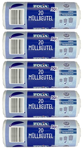5 Rollen FOLIA Müllbeutel mit Griff, 50 Liter, 20 Stück pro Rolle, transparent