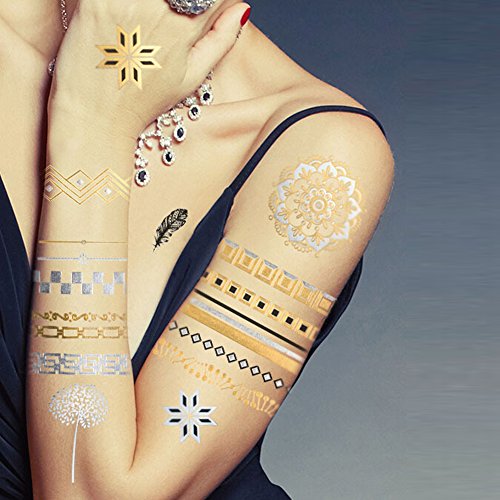 TAFLY Glitter Gold Transfer Temporary Tattoos Stickers 6 Sheeets