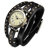 Minetom Damen Fashion Retro Quarzuhr Niet Armreif Leder Armbanduhr Uhr Watch