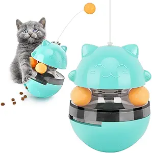 Emily Pets Cat Food Dispenser Treat Toys, Interactive Treat Dispensing Slow Feeder Pet Food Treat Ball, Funny Teasing Wand Tumbler Style IQ Training Toy with Dual Rolling Balls & Detachable Wand (T-Blue)