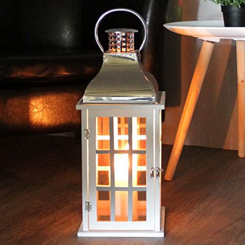 Dekorative Laterne 20x20xH47cm mit Henkel Windlicht Gartenlaterne Holzlaterne Kerzenhalter Gartenbeleuchtung Dekoration - Weiß/Silber