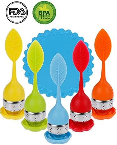 Tea Infuser, Set of 5 Silicone Tea Infuser Stainless Steel Strainer filter Infuser with Leaf Strainer Handle and Drip Tray for Loose Leaf Grain Tea Cups, Mugs, and With A Rest Mat (5pcs)