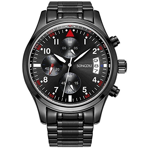 SONGDU Herren Quarz Armbanduhr Schwarz Edelstahl Armband mit Chronographen Analog Kalender Datum Luminous Ziffer White Zeiger SONGDU Herren Quarz Armbanduhr Schwarz Edelstahl Armband mit Chronographen Analog Kalender Datum Luminous Ziffer White Zeiger