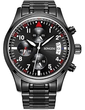 SONGDU Herren Quarz Armbanduhr Schwarz Edelstahl Armband mit Chronographen Analog Kalender Datum Luminous Ziffer...