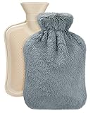 2L Hot Water Bottle with Soft Fleece Cover, Premium Natural Rubber Hot Water Bag - Helps Provide Warmth and Comfort, Great Gift Ideal for Mother & Father (Gray)