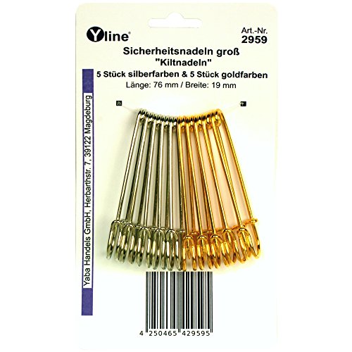 10 Kiltnadeln 76 mm, gold- & silberfarben, Maxi Sicherheitsnadeln groß, Kilt Nadel Nadeln, 2959
