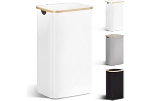 YOUDENOVA Laundry Basket with Lid 85-Litre Large Washing Baskets for Laundry with Laundry Bag Collapsible Laundry Baskets with Handles Laundry Hamper Bamboo Laundry Bin for Bedroom, Bathroom, White