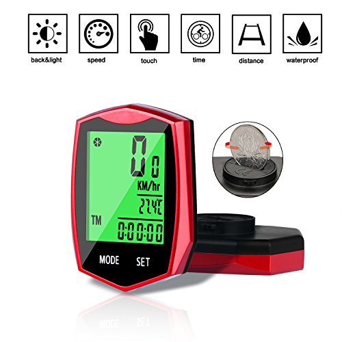 Vegbirt Fahrradcomputer, Drahtloser Fahrradcomputer, Kilometerzähler, automatische Wake-up Große Hintergrundbeleuchtung LCD Display (Rot) - 3