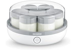 SEVERIN Yaourtière pratique et compacte, Machine à yaourt maison 13 W, Yaourtière électrique et 7 pots de yaourt en verre de 150 ml avec couvercle, garanti sans BPA, Blanc/Gris, JG 3518
