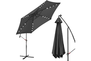 Fiqops Solarny parasol przeciwsłoneczny LED, Ø 350 cm, z korbą, aluminiowy parasol ze stojakiem, ochrona przed promieniowaniem UV, aluminium, na korbę, do ogrodu