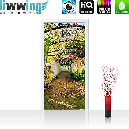 Türtapete selbstklebend 100×211 cm PREMIUM PLUS Tür Fototapete Türposter Türpanel Foto Tapete Bild – WAY IN MY GARDEN – Garten Terrasse Blumenranken Blume 3D Perspektive – no. 047 - 2