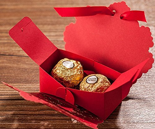 PONATIA 50 pcs laser Schnitt mit Band Hochzeit Party Favor, Hochzeit Geschenk Taschen Schokolade und Geschenk-Boxen (Red) - 3