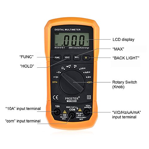 Proster Digitaler Multimeter Auto ranging Digital Multimeter Multitester- AC / DC Spannung DC Strom Dioden Transistor Kontinuität Tester mit Hintergrundbeleuchtung LCD - 4