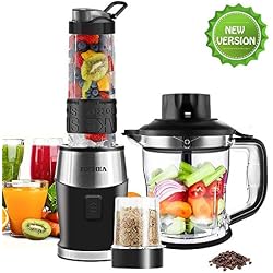 Blender Smoothie 700W, FOCHEA 3 en 1 Mixeur Smoothie Blender & Hachoir à Viande/Oignon & Moulin à Café/Graines/Poivre/Épices avec 3 Récipients 1.5L&0.57L&0.3L sans BPA et 4 Lames en Acier Inox