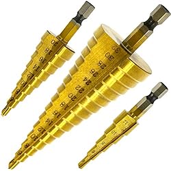 Hiveseen Set de 3 Foret Fraise Meche Etage, HSS Inox Metal, 4-12/20/32mm, Triangle Conique Titane, avec Tige Hexagone, Pour Visseuse Percage sur Acier, Laiton, Bois, Plastique