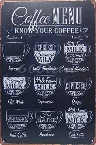 Coffee Menu Know Your Coffee, Metal Tin Sign, Wall Decorative Sign, Size 8" X 12"