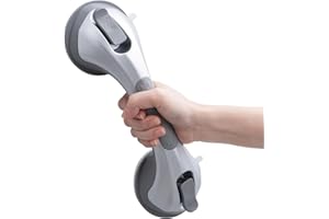 LEVERLOC Agarraderas Baño para Mayores, 31 CM Asidero Ducha de Succión, MAX Hold 110 KG Agarrador Ducha Personas Mayores, Agarre de Seguridad, Barra Baño sin Taladrar y Pasamanos Extraíble, Plata