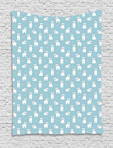 TRUIOKO Baby Tapestry, Cute Cartoon Polar Bears Sitting Sping Moving with Snow Effect Animal Pattern, Wall Hanging for Bedroom Living Room Dorm Wall Tapestry Decor,80" X 60" Inches, Pale Blue Whi