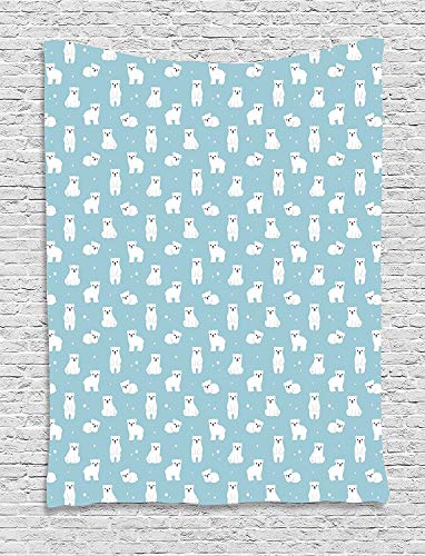 TRUIOKO Baby Tapestry, Cute Cartoon Polar Bears Sitting Sping Moving with Snow Effect Animal Pattern, Wall Hanging for Bedroom Living Room Dorm Wall Tapestry Decor,80" X 60" Inches, Pale Blue Whi