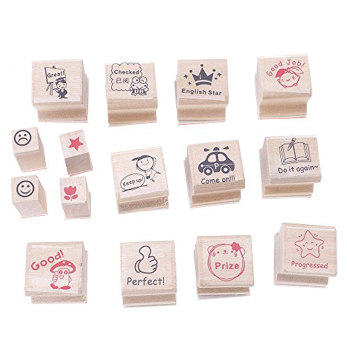 ?HuntGold 15 Stück Cartoon Holz Mini Stempel Lehre Kommentare Ermutigen Kinder Briefmarken