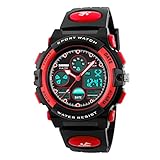 Fomtty Kinderuhren Jungen Mädchen Digital Unisex Sport Digital Und Analog Armbanduhr Wasserdichte Alarm für das Alter 7-15 Jahre alt Kinder (Rot)