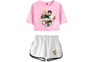LKY STAR My Hero Academia T-Shirts and Short Set Anime MHA Cosplay Deku Shoto Crop Top and Pants 2pcs for Women Girls
