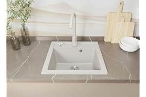 Faizee Home | Spülbecken Granit Weiß 49x52 cm | Hochwertige Küchenspüle & Einbauspüle | Eckiges Spülbecken | Beidseitig montierbare Granitspüle | Einbaugranitspüle ab 45 cm | Inkl. Siphon-Set