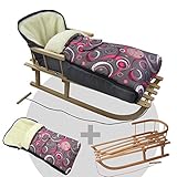 a) Holzschlitten inklusive Rückenlehne und Zugseil + b) Winterfußsack aus Lammwolle