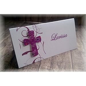 Tischkarte Namenskarte Kommunion Konfirmation Firmung Taufe Kreuz christliche Symbole brombeer beere dunkel pink