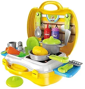 Kids Fort Premium Kitchen Set for Kids Girl. 26 Pcs Cooking Toy with Briefcase and Accessories (Yellow Color).