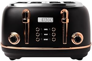 Haden Heritage Black Toaster 4 Slice - Adjustable Browning Control, Reheat and Defrost Functions 4 Slice Toaster - Stainless Steel Toaster 4 Slice - Self-centring Function - 1370-1630W