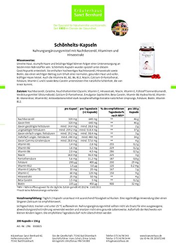 Schönheits-Kapseln mit Nachtkerzenöl, Vitaminen und Hirseextrakt 200 Kapseln - 2