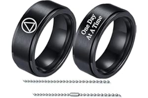 FOREVERWILL Inspirational One Day At A Time Sobriety Gifts for Women Men Stainless Steel Sober Recovery Anxiety Spinner Bands Ring Necklace Chain Alcoholics Addiction Recovering Jewelry Gift,Size 7-12
