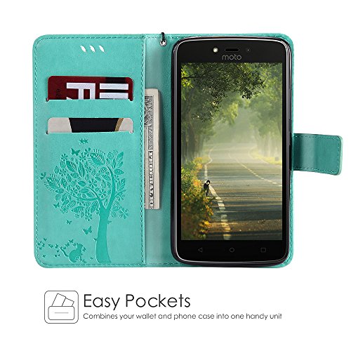 Motorola Moto C Plus HÃ¼lle, CLM-Tech Tasche aus Kunstleder Wallet Case - SchutzhÃ¼lle [Standfunktion] [Magnetverschluss] [KartenfÃ¤cher] [Handschlaufe] Flip Cover - Bookstyle Handy Flipcase Baum Katze Schmetterlinge grÃ¼n, PU Leder-Tasche fÃ¼r Motorola Moto C Plus LederhÃ¼lle