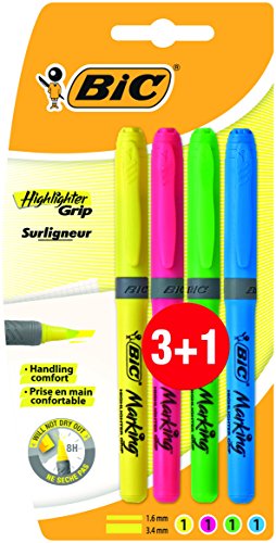 BIC Highlighter Grip Marcadores punta biselada Ajustable - colores Surtidos, Blíster de 3+1