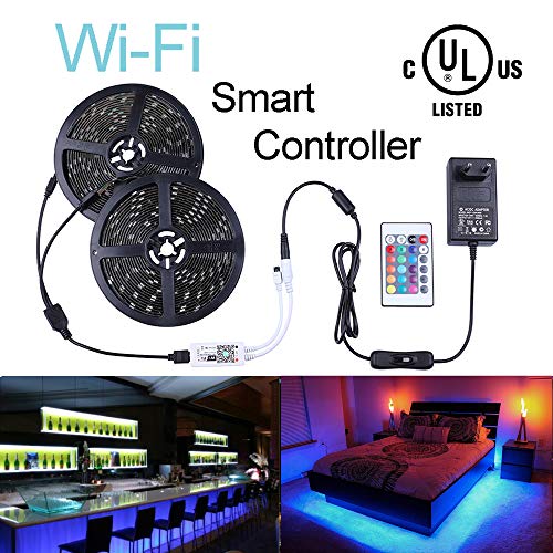 Preisvergleich Produktbild Ubanner Wifi drahtloses intelligentes Telefon kontrollierte geführte Streifen-Licht-Installationssatz mit DC12V UL notierte Stromversorgung wasserdichtes SMD 5050 32.8Ft (10M) 300leds RGB Musik LED heller Streifen kompatibel mit Android, IOS Alexa