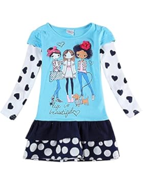 VIKITA Mädchen Baumwolle Langarm Streifen Tiere T-shirt Kleid 1-6 Jahre