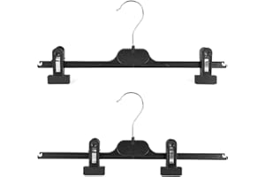 KAPCO Clip Hangers (10 Pack) (40cm wide) Black Plastic Adjustable Space Saving Clothes Organiser for Wardrobe, Kids Closet & Clothing Rail | Trouser, Skirt & Pant Hanging with Extender Clips and Hooks