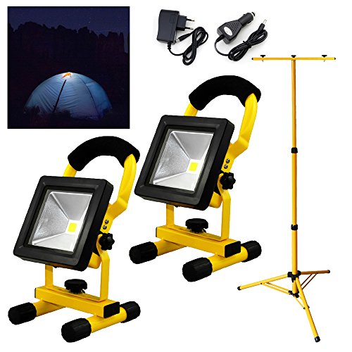 Preisvergleich Produktbild Hengda® 2x10W Gelb Kaltweiß LED AKKU Strahler Fluter Campinglampe Nachtfischen nächtliche Notreparaturen bei KFZ Werkstatt Baustrahler Handlampen mit Stativ