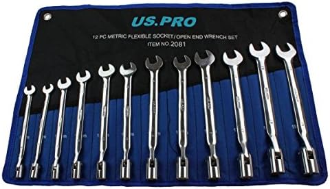 US PRO 12PC Flexible Head Socket/Open End Spanner Set Metric 8-19mm B2081
