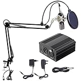 Hiwatch XRL zu 3.5 mm Kondensator-Mikrofon Kit Schall Podcast Studio Rundfunk &amp; Aufnahme Microphone für Computer mit 48V Phantomspeisung und EU AC Stecker Konverter &amp; Mikrofon Sets Schwarz