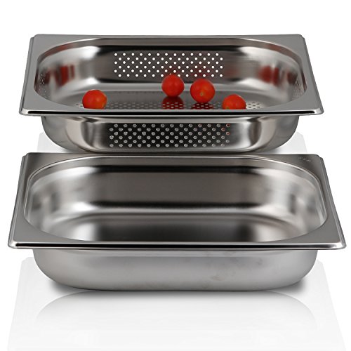 Greyfish 2 Stück GN-Behälter SET :: 1x gelocht / 1x ungelocht :: für Gaggenau / Miele / Siemens Dampfgarer (Edelstahl / Spülmaschine geeignet, Gastronorm 1/2, B 32,5 x T 26,5 x H 6,5 cm) - 2